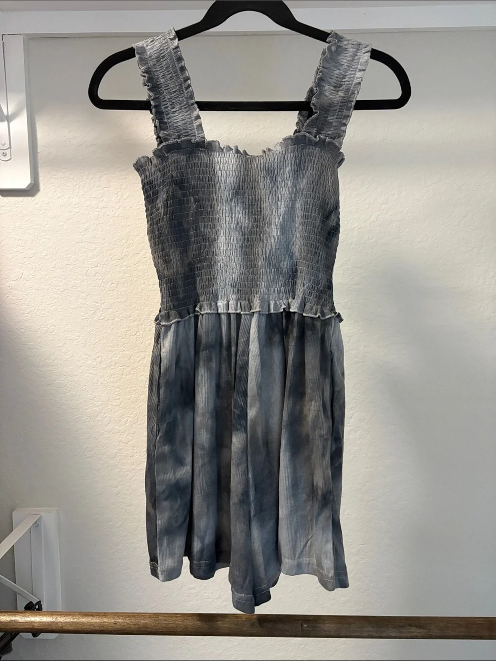 Smocked Square-Neck Tie-Dye Dress in Slate Gray
